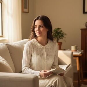 Doen Ivory Cable Knit Cardigan Large